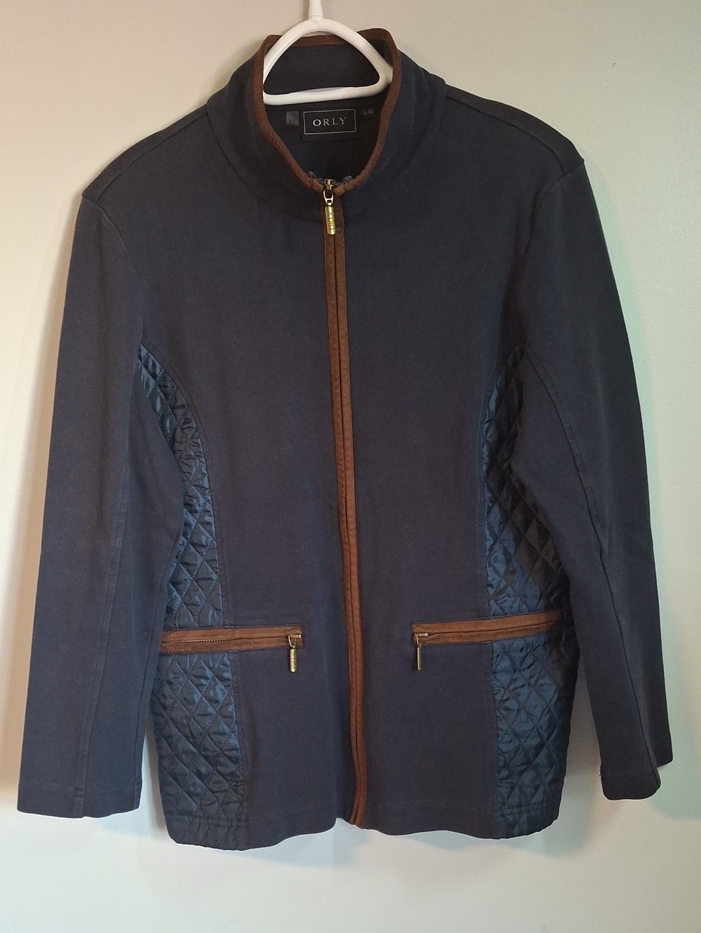 Orly Navy Quilted Jacket: Preppy Equestrian Style with Suede Trim, Size L